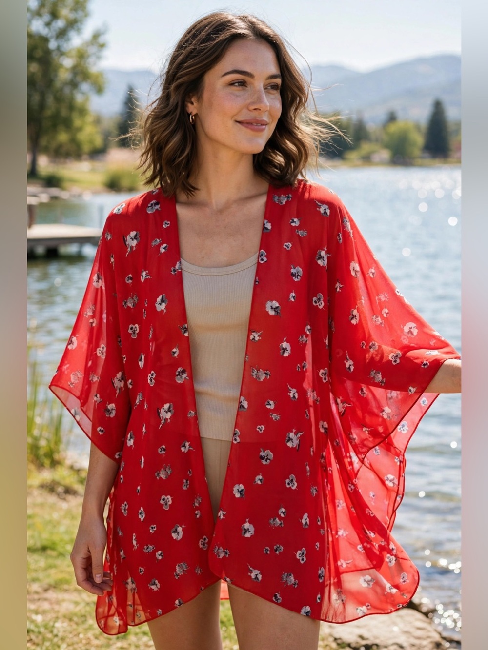 emory park Bright Red Floral Lightweight Kimono Size Medium